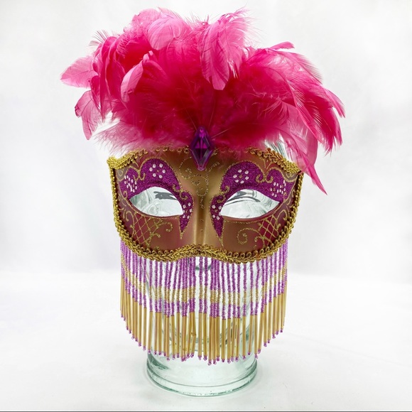Masquerade Ball Mask Feather Bead Fringe Pink Gold - Picture 1 of 6